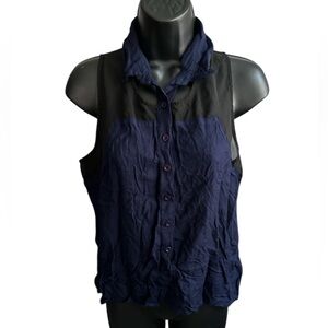 STARING AT STARS Women's Black and Navy Blue Sleeveless Button-Up Top NWOT